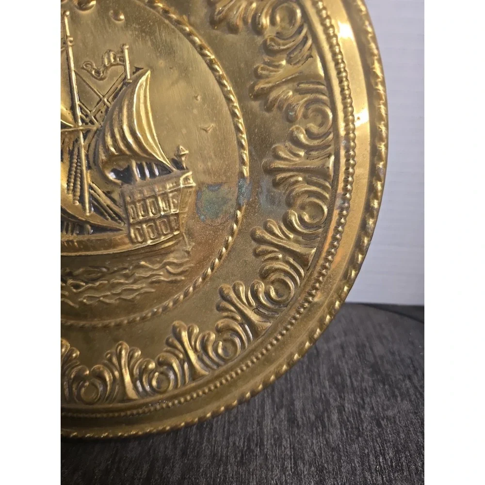 Vintage BRASS Embossed Plate Wall Hanging 12